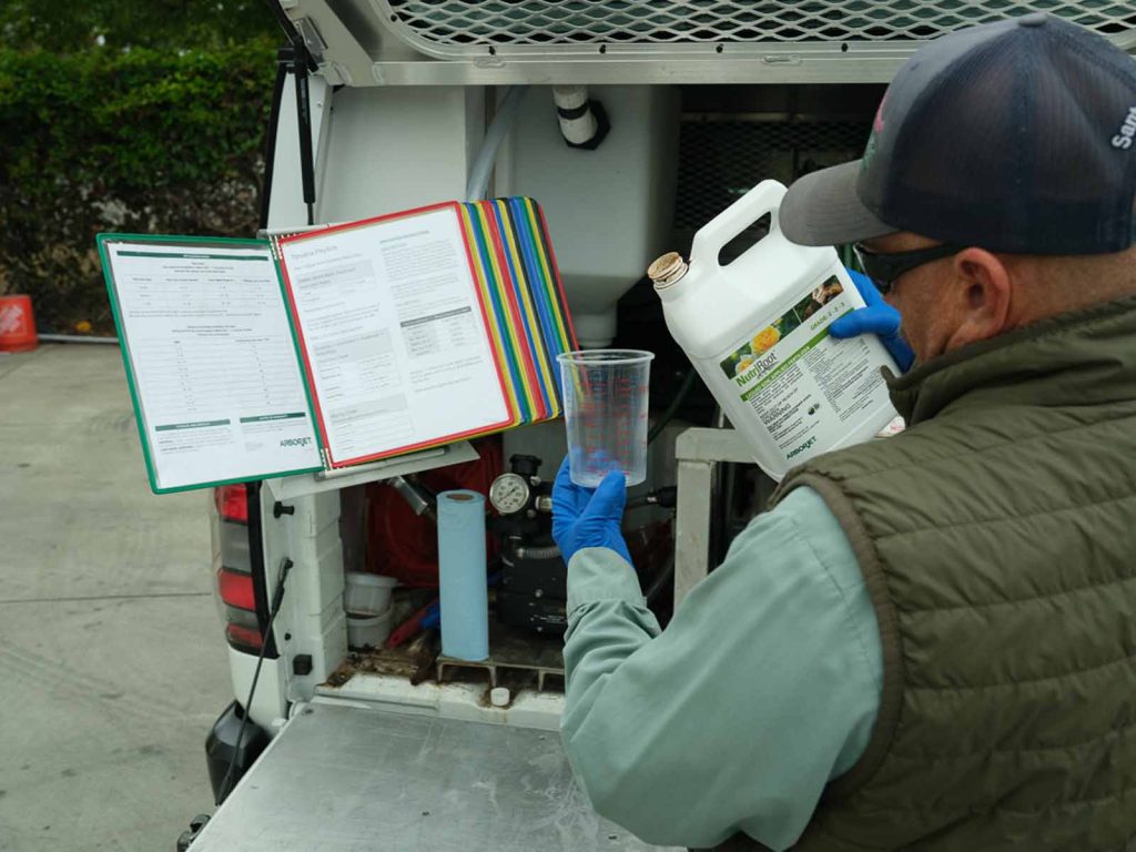 teachnician pouring pest management solution to treat trees